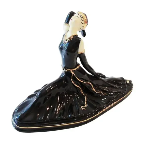 Art Deco LADY DANCER FIGURINE Black Porcelain 24K Gold Accent Split Ballet Pose